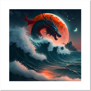 Dragon Flying over the Moon and the Ocean Posters and Art